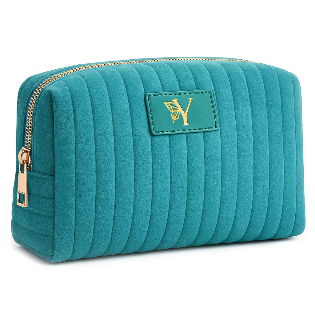 BagUrshion Monogrammed Make Up Bags for Women,Personalized Cosmetic Bags Women,Small Quilted Makeup Pouch,Cute Makeup Bag Travel,Birthday Gifts for Teen Girl (Blue N)