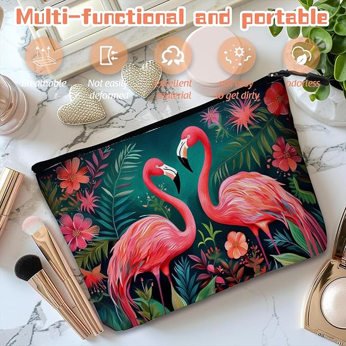 Scribesense Cosmetic Bags Travel Makeup Toilet Case Waterproof Pouch for Women Girls 6.7X9.45inches - Two Flamingos in A Tropical Floral Setting