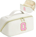 for Valentines Day Gifts, Makeup Bag for Women, PU Leather Travel Toiletry Bags, Initial Make Up Cosmetic Pouch for Teen Girls, Wide Open Portable Skincare Bag, Personalized Birthday Gifts, White Q