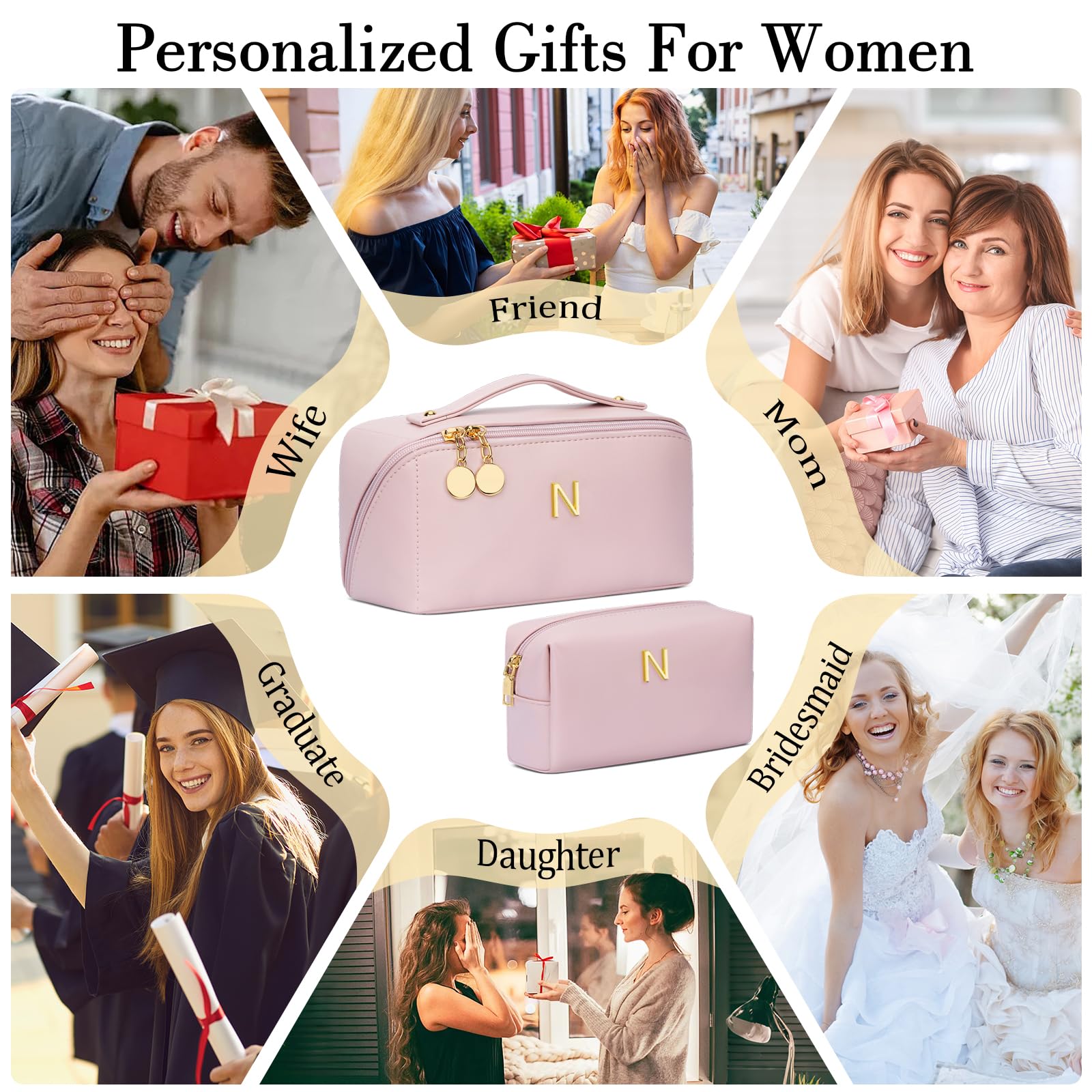 CLOUDWINGS Initial Makeup Bag Personalized Gift for Women Teen Girls