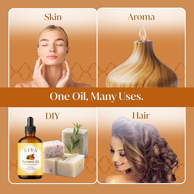 Siva Turmeric Essential Oil 4 Fl Oz – for Diffuser, Skin & Hair Care – Ideal for Massage & DIY Blends- with Dropper