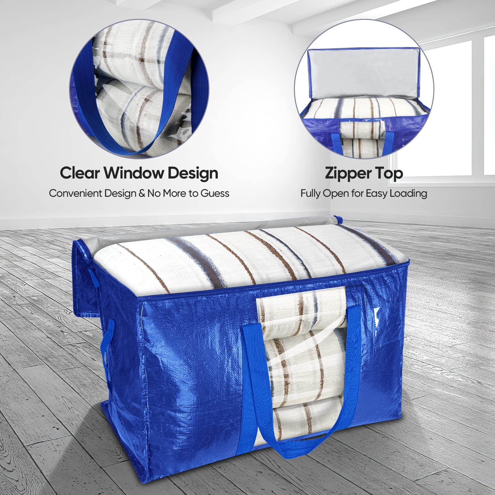 BALEINE 2-Pack Oversized Moving Bags with Reinforced Handles, Heavy-Duty Storage Tote Moving Supplies for Packaging, Camping (Blue w/Window, 2-Pack)