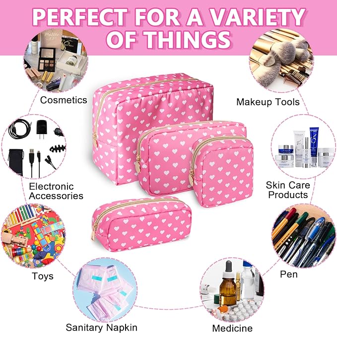 Small Pencil Case Makeup Bag for Purse, Cute Pencil Pouch Preppy Nylon Makeup Brush Bag with Zipper, Girls Portable Stationery Storage Case Small Pen Bag for Office School College(Slim-Pink Heart)