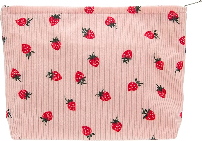 Flat Makeup Bag for Women,Zipper Cosmetic Pouch for Purse,Strawberry Pink