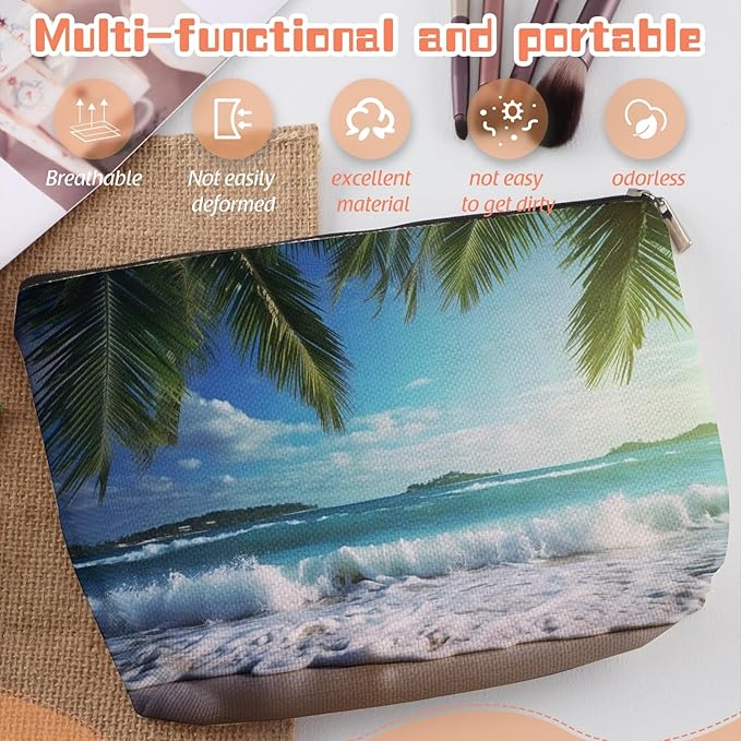 Scribesense Makeup Bag Travel Cosmetic Bags Small Makeup Case Waterproof Zipper Pouch for Women Girls 7X9inches - Tropical Beach Scenery with Palm Trees
