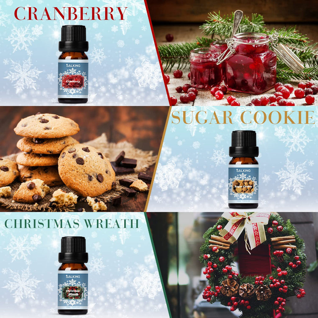 SALKING Winter Set of Scented Oils, Premium Fragrance Essential Oils Gift Set for Diffuser, Soap & Candle Making Scents - Cinnamon, Christmas Wreath, Sugar Cookie, Cranberry, Peppermint, Gingerbread