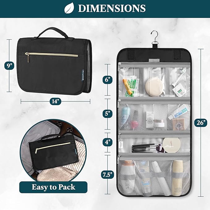 PAVILIA Hanging Toiletry Bag for Women Men, Large Foldable Toiletries Organizer with Hook, Water-Resistant Makeup Cosmetic Rollup Case, Clear Pockets for Bathroom, Gym, Cruise (Black)
