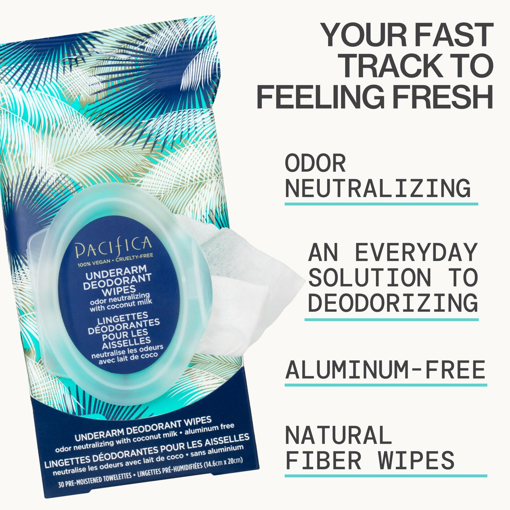 Pacifica Underarm Deodorant Wipes & Makeup Remover Face Wipes Bundle – Aluminum-Free Odor Control & Facial Cleansing Towelettes, 2-Pack (30ct Each, 60 Total) – Vegan, Cruelty-Free Travel Essentials