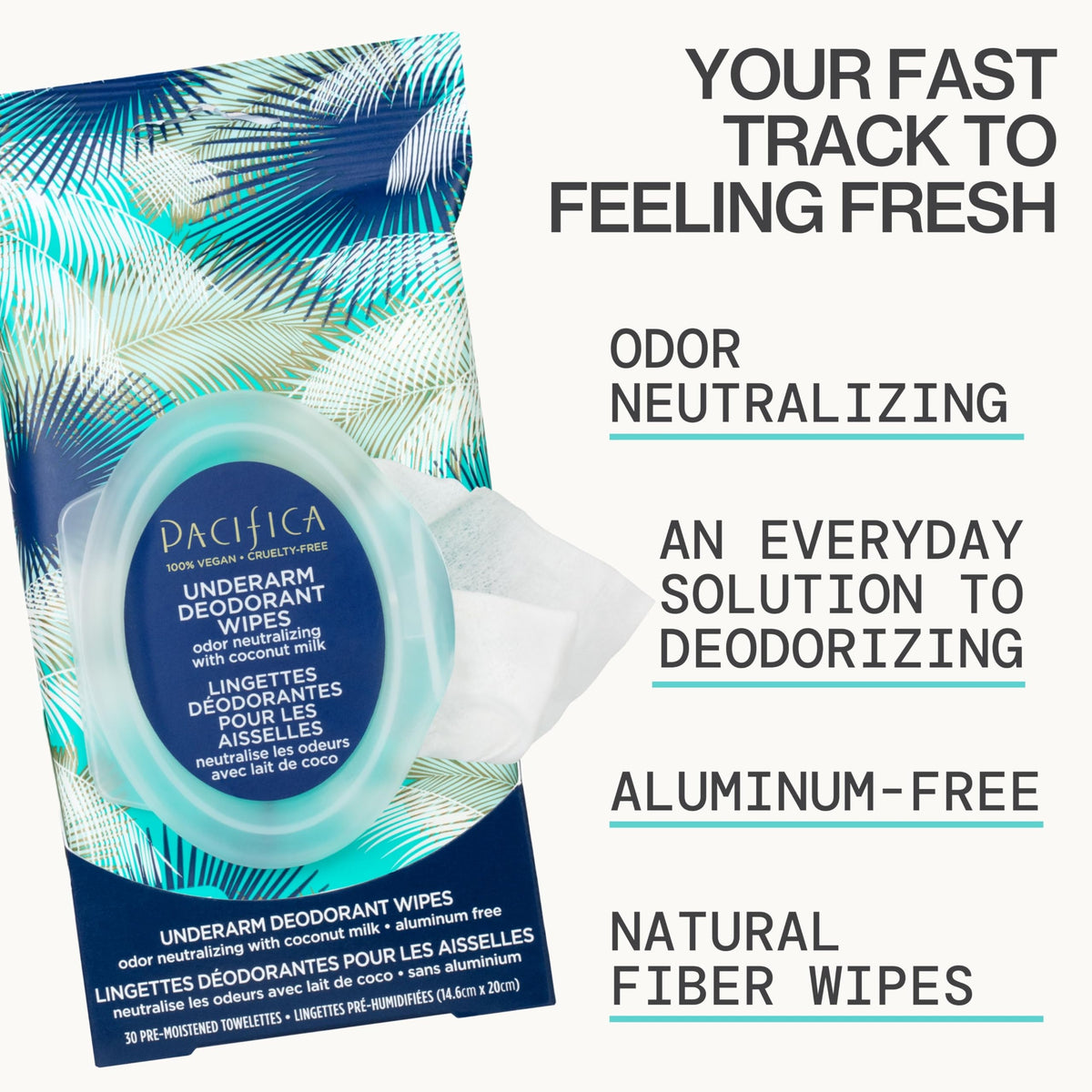 Pacifica Underarm Deodorant Wipes & Makeup Remover Face Wipes Bundle – Aluminum-Free Odor Control & Facial Cleansing Towelettes, 2-Pack (30ct Each, 60 Total) – Vegan, Cruelty-Free Travel Essentials