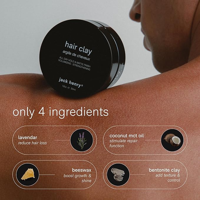 Jack Henry Hair Clay for Men - Wax-Based Flexible Matte Finish, All-Day Hold - Hair Styling Clay for All Hair Types, PVP-Free, Organic Award Winning Formula, Only 4 Ingredients - Natural Scent 1.6 oz