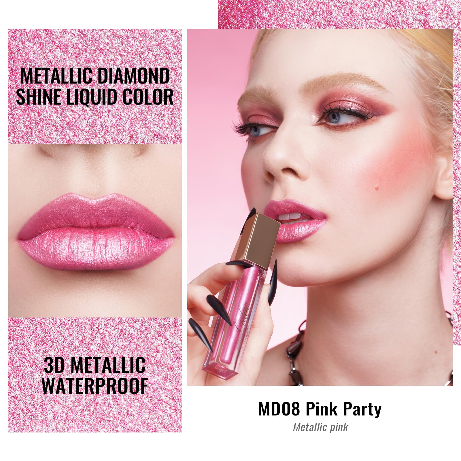 Oulac Pink Metallic Lipstick for Women, Long Lasting Lip Gloss Waterproof, Lips & Eye 2 IN 1 Lip Makeup, High Impact Lip Color, 3D Metallic Finish, No Transfer, Vegan MD08