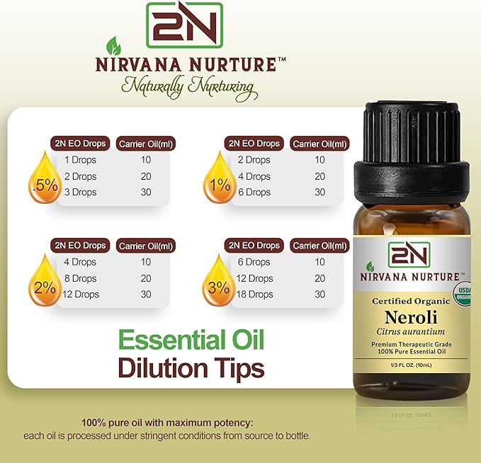 Nirvana Nurture Neroli Essential Oil, USDA Certified Organic, 100% Pure Undiluted, Aromatherapy Oil for Diffuser, Hair & Skin Care