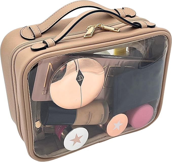 JAZD Clear Makeup Bag Toiletry Bag for Women Cosmetic Case Large Capacity Travel Make Up Bag Organizer Transparent Storage Compartment TSA Approved (BEIGE)