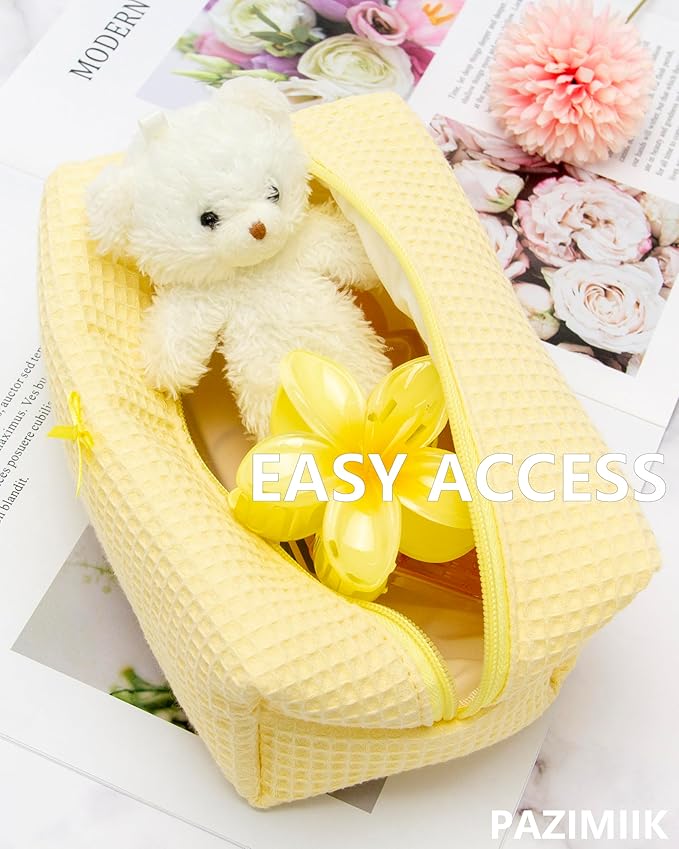 Cozy Makeup Bag for Women,Zipper Cosmetic Pouch,Waffle Yellow,6 Pack