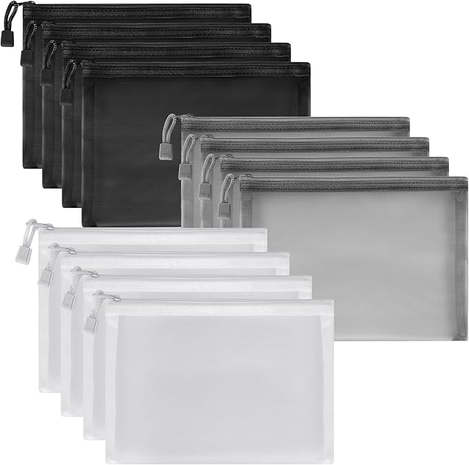 Sinzip 12 Pieces Zipper Nylon Mesh Pouch, Mesh Cosmetic Bags Makeup Bags Pencil Case, Multipurpose Travel Bags for Cosmetic School Office Supplies and Travel Accessories (Black,White,Grey, A5)