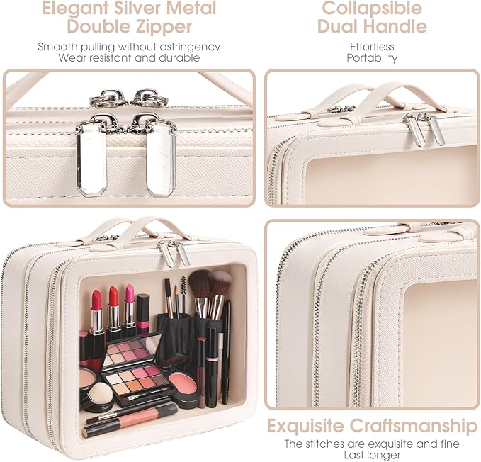 idoltimes Clear Makeup Bag,Large Toiletry Case for Women,PU Leather Travel Cosmetic Bag,Detachable Makeup Case,Double Compartment Make up Organizer