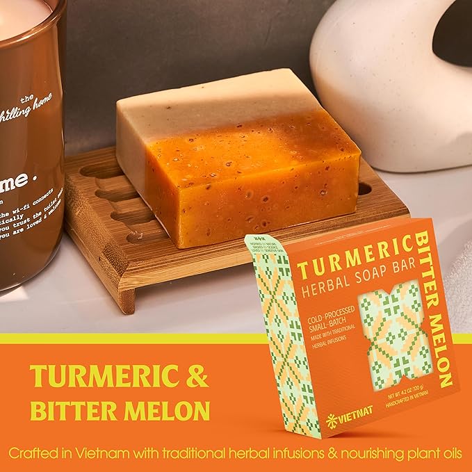 VIETNAT Bitter Melon & Turmeric Natural Bar Soap - 2-in-1 Luxurious Handmade Cold Process Soap Bar for Women's or Men's Body Wash - Refreshing Cleanse for Sweat, Oil & Buildup, 4.2 oz (120g)
