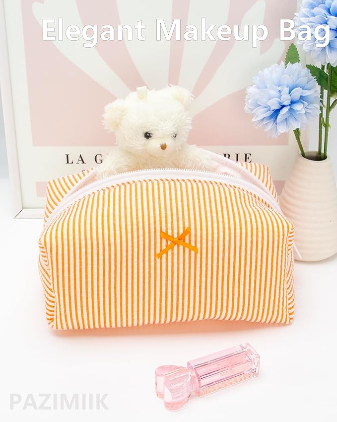 PAZIMIIK Cozy Makeup Bag for Women,Zipper Cosmetic Pouch,Stripe Orange