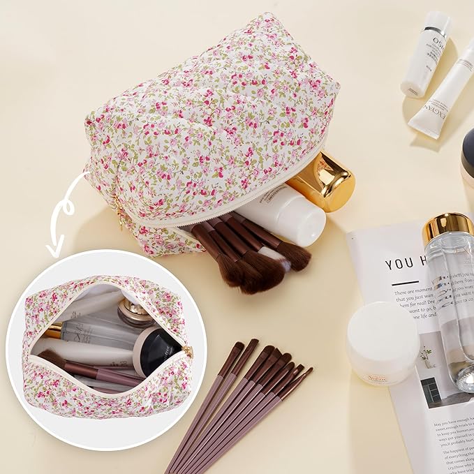UUYUUY Makeup Bag Travel Toiletry Bag for Women, Small Floral Cosmetic Bags Cute Quilted Cotton Makeup Pouch for Purse Emergency Bag Pencil Case Accessory Bag, Spring