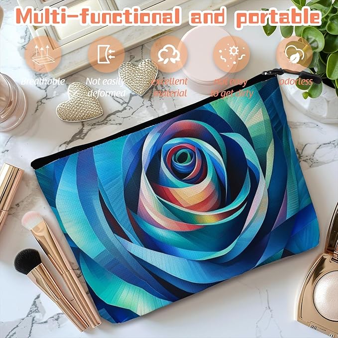 Scribesense Cosmetic Bags Travel Makeup Toilet Case Waterproof Pouch for Women Girls 6.7X9.45inches - Blue - Toned Abstract Rose - Like Spiral