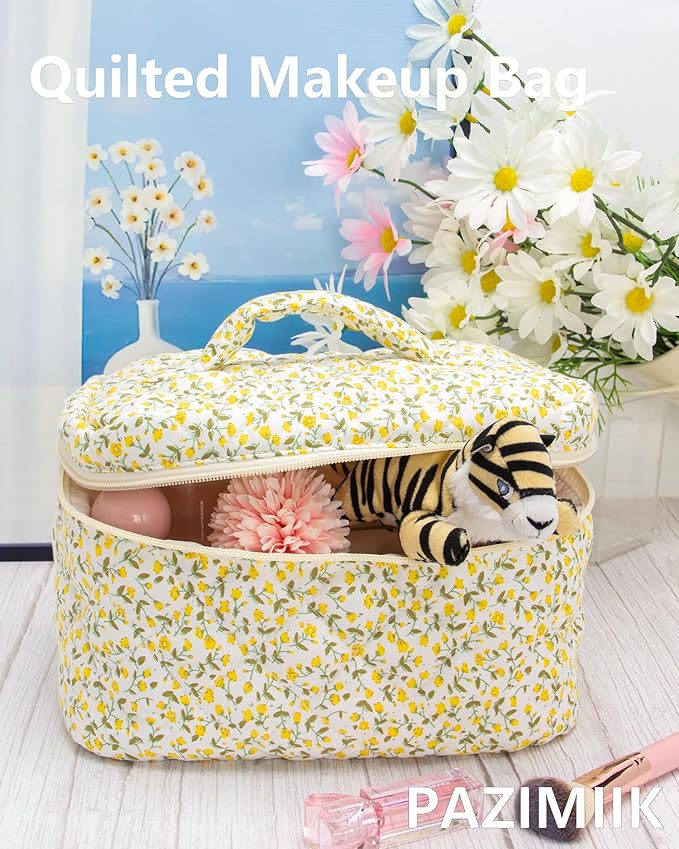Quilted Makeup Bag for Women, Travel Cosmetic&Toiletry Bag,Floral Yellow