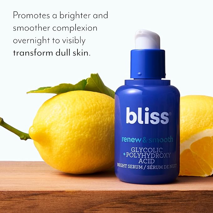 Bliss Renew & Smooth Night Serum – Glycolic Acid + Polyhydroxy Acid Exfoliating Serum – Resurfaces Skin, Smooths Texture & Brightens Tone Overnight – 1 Fl Oz
