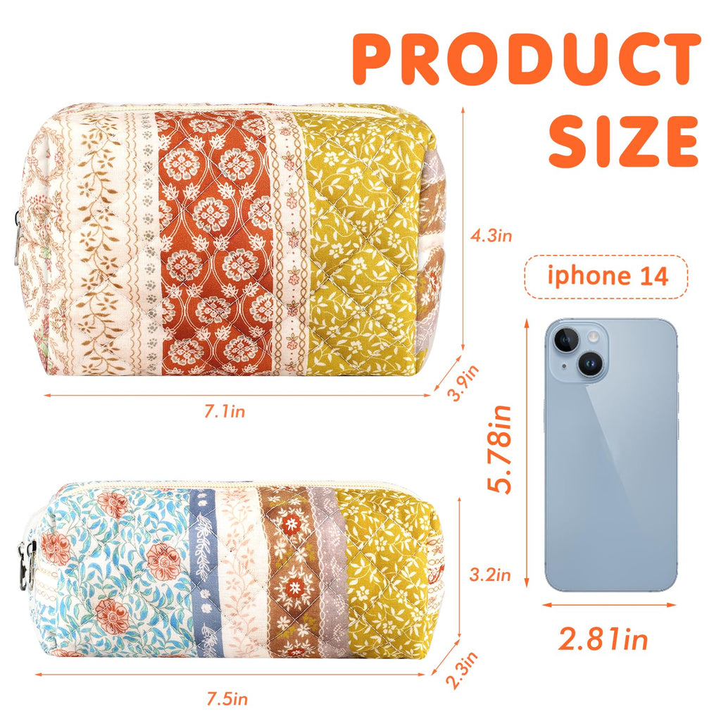 URSKYTOUS 2Pcs Floral Makeup Bag for Women Cotton Quilted Coquette Cosmetic Bag Cute Zipper Mixed Flower Makeup Pouch Aesthetic Portable Pencil Pouch Travel Toiletry Bag Trendy Cloth Skincare Bag