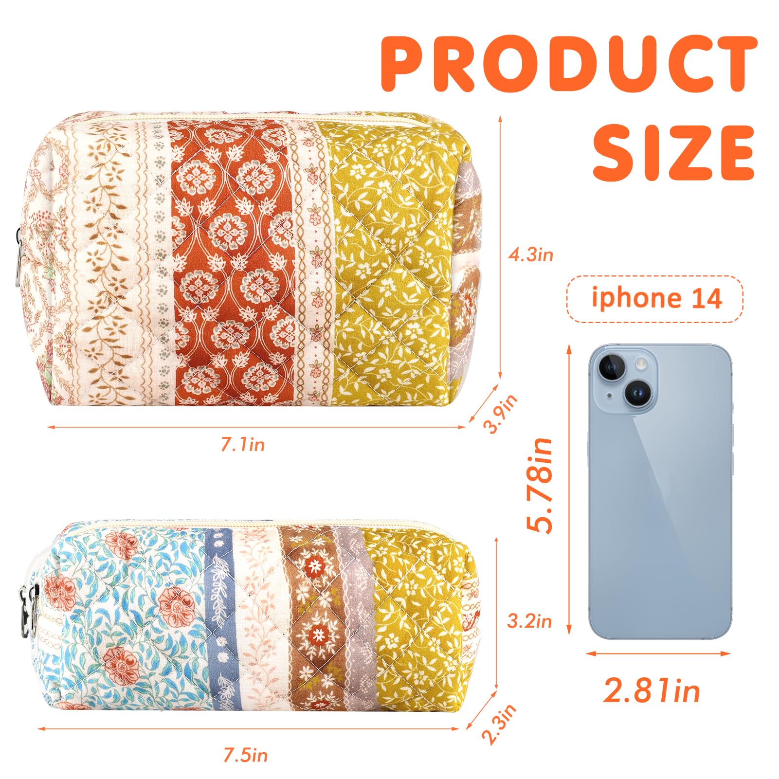 URSKYTOUS 2Pcs Floral Makeup Bag for Women Cotton Quilted Coquette Cosmetic Bag Cute Zipper Mixed Flower Makeup Pouch Aesthetic Portable Pencil Pouch Travel Toiletry Bag Trendy Cloth Skincare Bag
