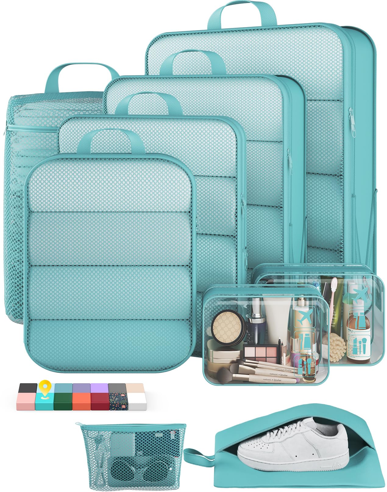 Veken 9/11 Set Compression Packing Cubes Garment Bags for Travel Essentials,Compressible Expandable Luggage Organizer Bags for Clothing,Space Saver Bags with Over 1000 pcs of Mesh Holes(Blue Green)