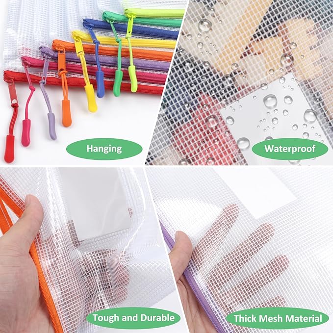 YOPCDJ 18 Pack 8 Size Mesh Zipper Pouch Bags, Waterproof Zipper Bags with Label Pocket,File Bags for Classroom Organization,Zipper Pouches of Office Supplies,Puzzles, Board Game Storage