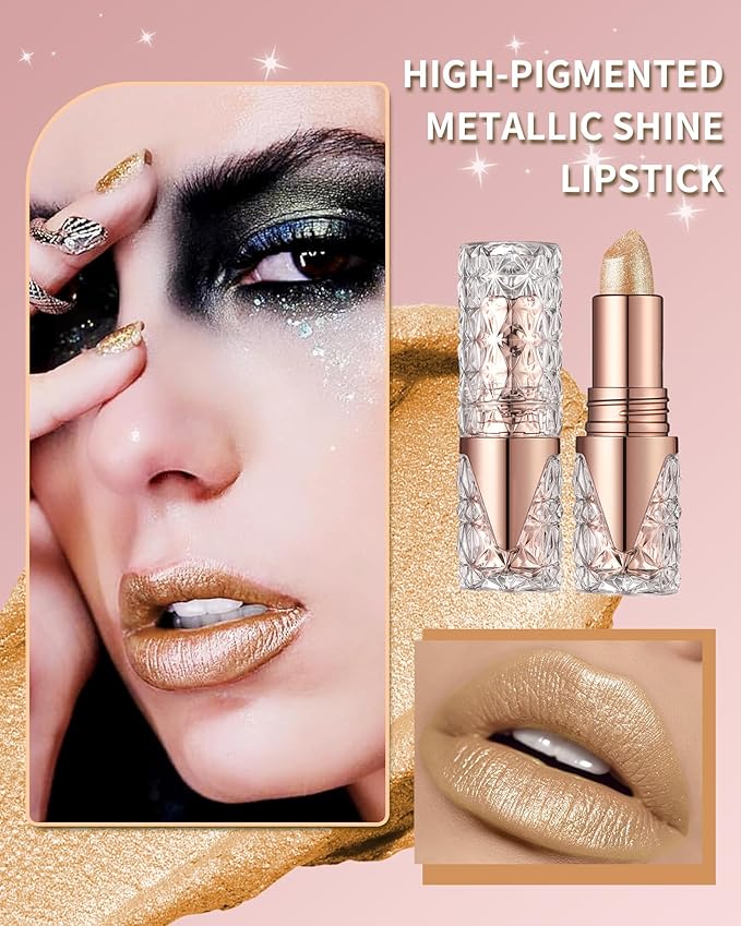 Glitter Light Gold Lipstick for Women,Long Lasting Metallic Lipstick Makeup