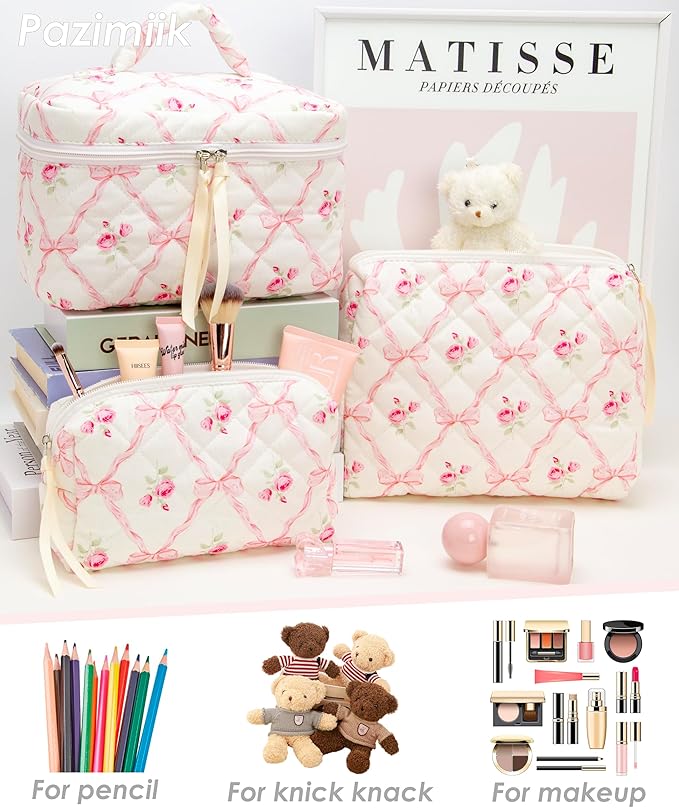 3 Piece Quilted Makeup Bag Set for Women,Cosmetic&Toiletry Bag,Bow Rose