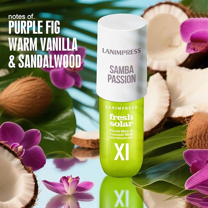 LANIMPRESS 3 fl oz Hair Mist and Body Spray, Eau De Parfum for Women,Travel Size Fragrance, Creamy Gourmand Perfume No.11, Sweet Fruity Smell– Notes of Peach Skin, Coconut Milk, Frangipani Petals