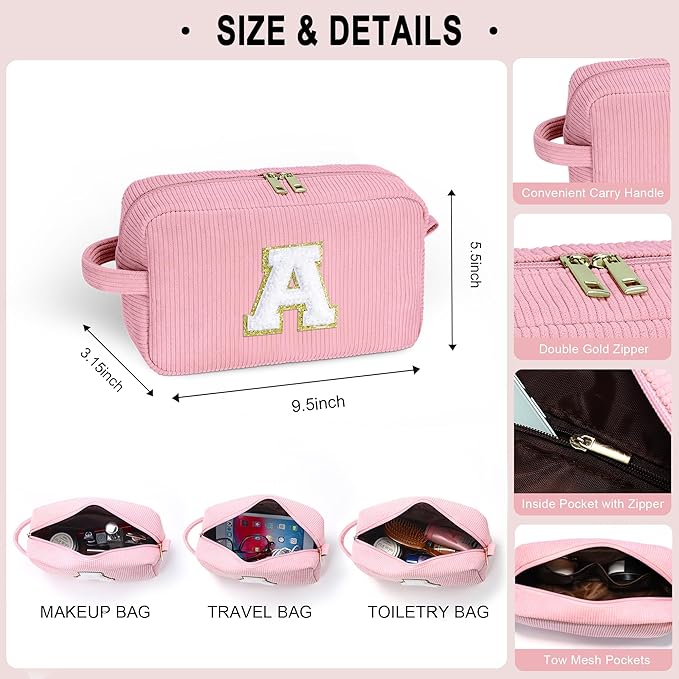 YOOLIFE Cute Initial Travel Makeup Bag - Teen Girl Gifts Trendy Stuff Sister Daughter Friend Girls Birthday Gifts for Teens Bridesmaid Gifts for Girl Women Monogram Makeup Bag Make Up Bag Pink C