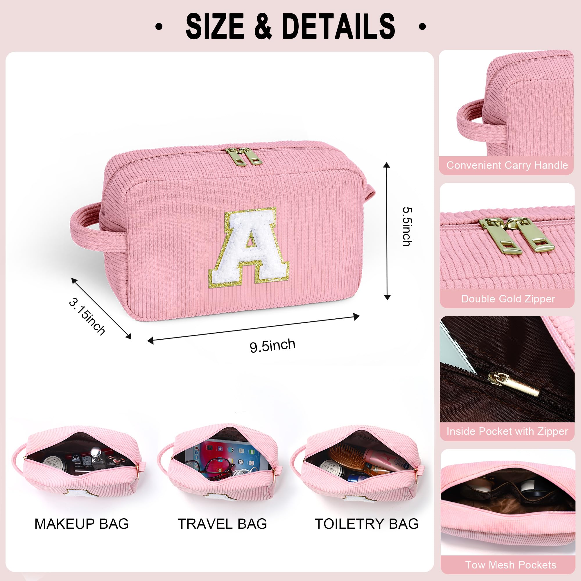 YOOLIFE Initial Makeup Bag | Pink Cosmetic Travel Toiletry Bag | 5 6 7 8 9 10 11 12 13 14 15 16 Years Old Girl Gifts, Gifts for Women Preppy Stuff Teen Girl Gift Trendy Stuff Letter E