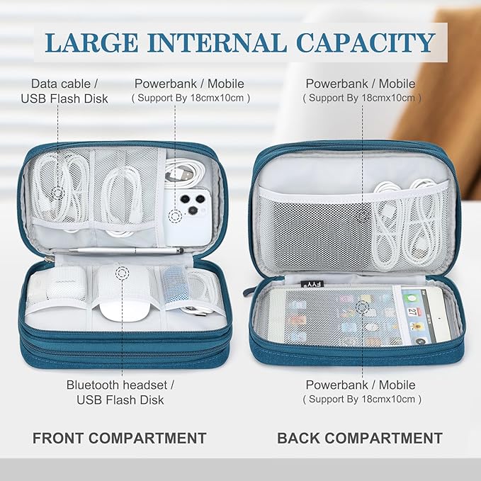 FYY Electronic Organizer, Large Travel Cable Organizer Bag Pouch Electronic Accessories Carry Case Portable Waterproof Double Layers All-in-One Storage Bag for Cable, Cord, Charger, Phone, Dark Green