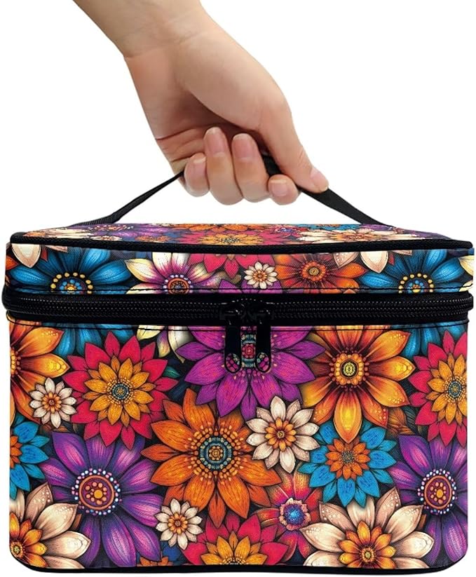 Drydeepin Vibrant Hippie Flower Pattern Travel Makeup Bags for Women Portable Tote Cosmetic Case with Carry Handle Toiletry Accessories Storage Organizer Bags