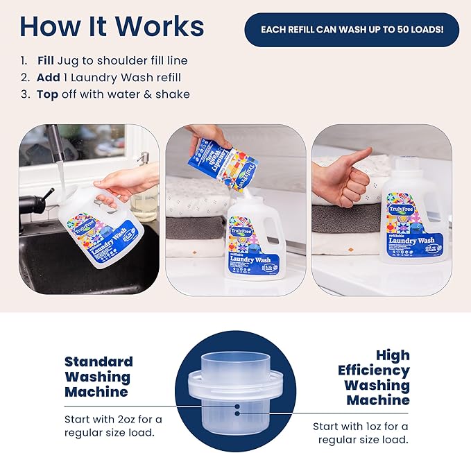 Truly Free Natural Laundry Detergent for Sensitive Skin | Eco Friendly, Plant Based, Baby Clothes Safe | Clean & Easy Powder to Liquid, 1 Empty Reusable Jug + 1 Fill Pack | Signature Scent, 50 Loads