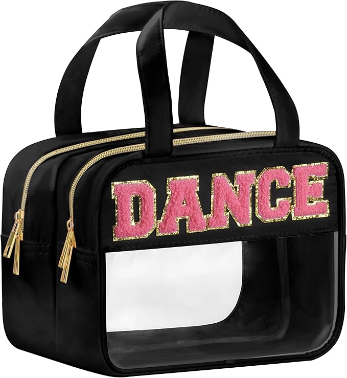 BuyCard Dance Chenille Letter Bags Clear Makeup Bag for Travel, Dance Gift Cosmetic Pouch with Handles and Zipper, Nylon & PVC Waterproof Large Dance Accessories Toiletry Purse Storage Bag for Women