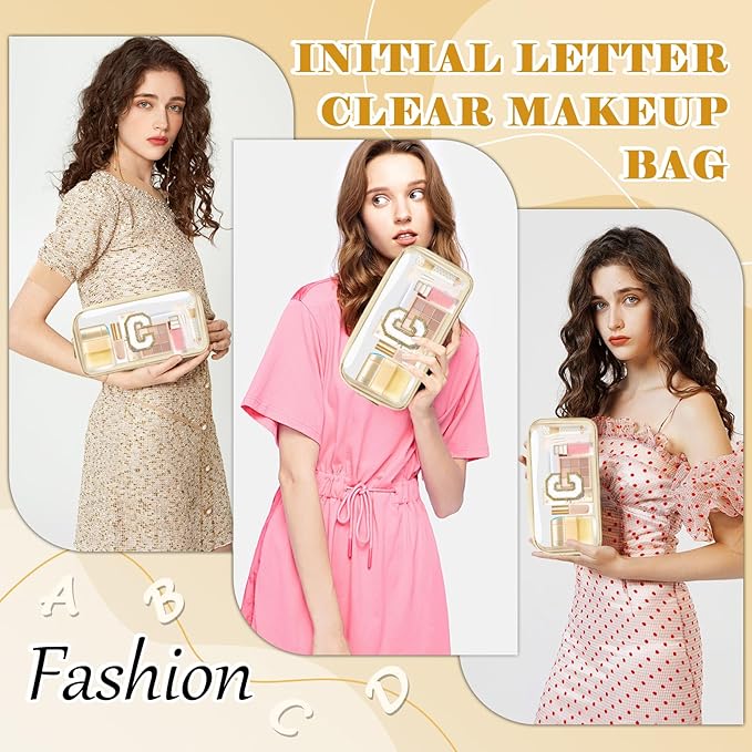 Personalized Initial Letter Clear Makeup Bag,Preppy Small Nylon&PVC Cosmetic Zipper Bag with Chenille Letter,Portable Beach Travel Skincare Toiletry Bag,Trendy Monogram Gift for Teen Girls Women,C