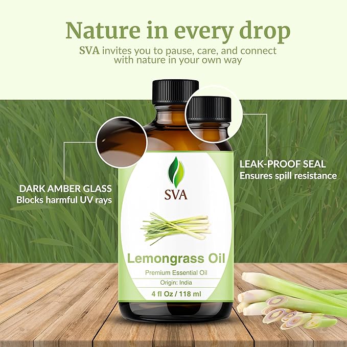 SVA Lemongrass Essential Oil 4 Fl Oz – for Diffuser, Skin & Hair Care – Ideal for Massage & DIY Blends - with Dropper