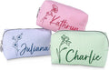 DayOfShe Personalized Makeup Bag Embroidered with Name&Birth Flower, Personalized Birthday Bridesmaids Gifts for Women Teen Girls,Custom Seersucker Cosmetic Toiletry Travel Make Up Bags