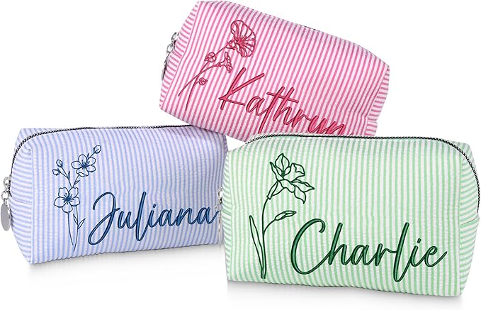 DayOfShe Personalized Makeup Bag Embroidered with Name&Birth Flower, Personalized Birthday Bridesmaids Gifts for Women Teen Girls,Custom Seersucker Cosmetic Toiletry Travel Make Up Bags