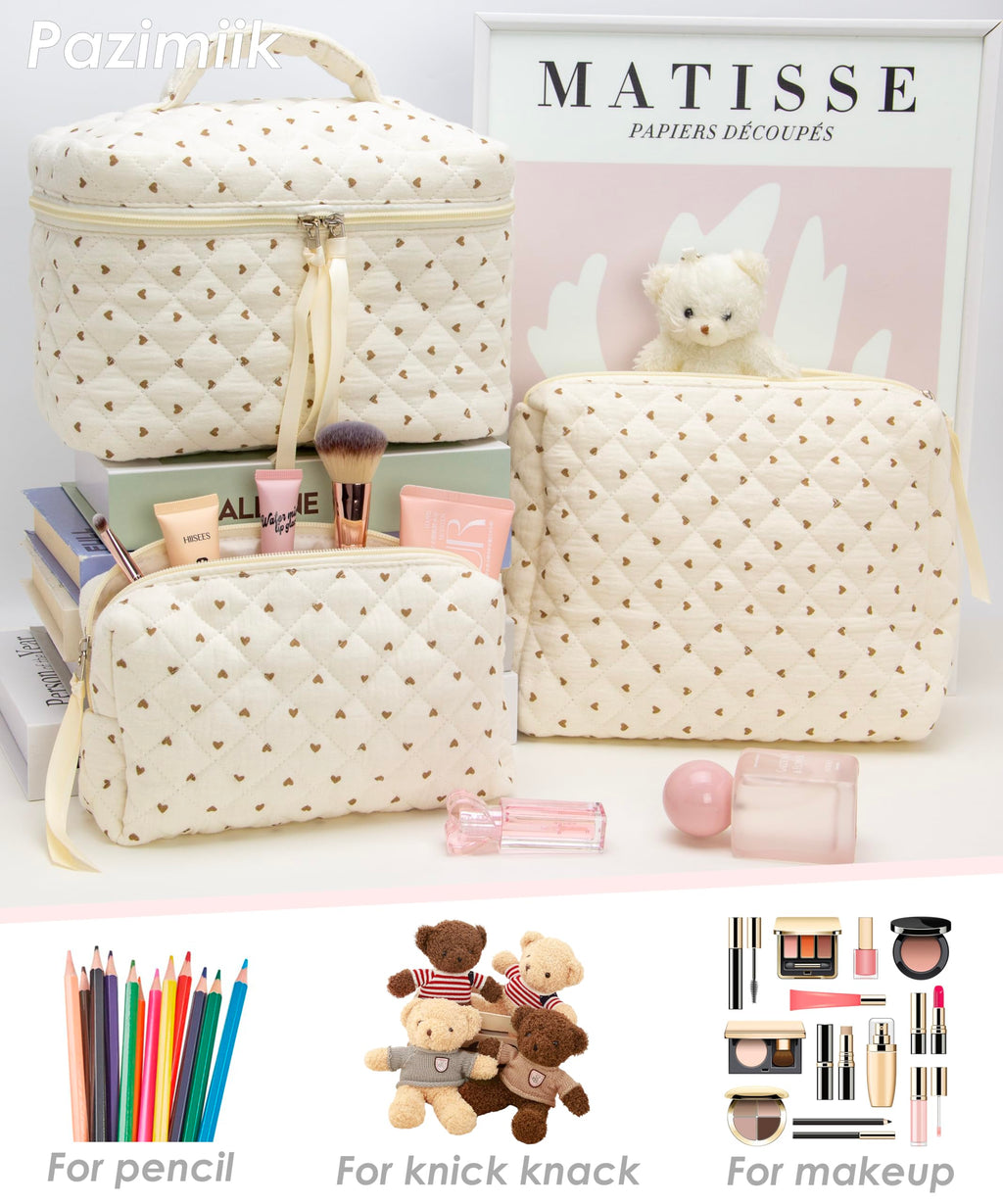 3 Piece Quilted Makeup Bag Set for Women,Cosmetic&Toiletry Bag,Gauze Heart