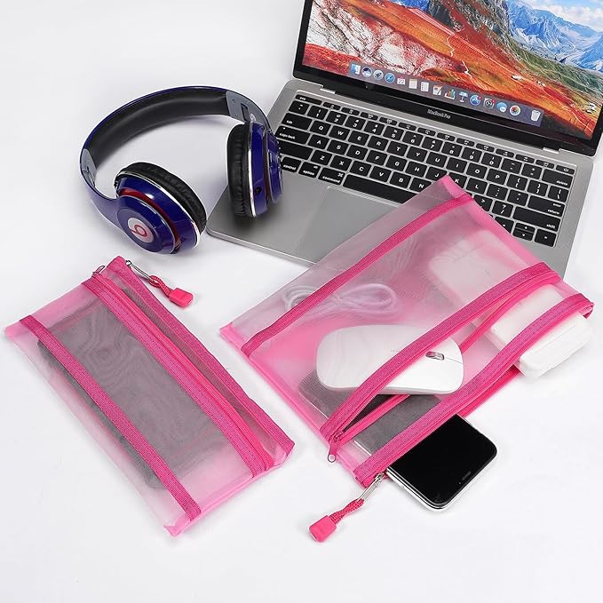 Sinzip 12 Pieces Zipper Nylon Mesh Pouch, Mesh Cosmetic Bags Makeup Bags Pencil Case, Multipurpose Travel Bags for Cosmetic School Office Supplies and Travel Accessories (2 Layers-Pink, A5)
