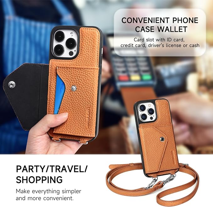LUCKYCOIN Crossbody Phone Case for iPhone 14 Pro Max,100% Genuine Leather Phone Wallet Case for Women, Premium Hands-Free Phone Purse with Expandable Flip Card Holder & Adjustable Strap - Pebble Brown