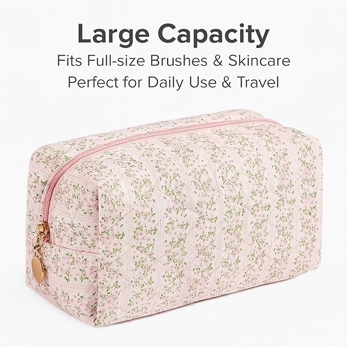 OIMEI Floral Quilted Cotton Makeup Bag for Women, Large Capacity Travel Cosmetic Pouch with Zipper, Cute Toiletry & Brush Organizer, Kawaii Makeup Storage Case – Pink Floral