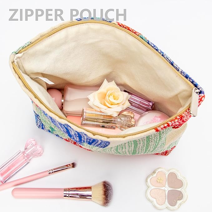Flat Makeup Bag for Women,Zipper Cosmetic Pouch for Purse,Linen Colorful