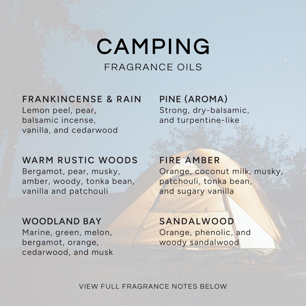 Eternal Essence Oils Camping Set of 6 Premium Fragrance Oils - Includes Warm Rustic Woods, Fire Amber, Pine, Sandalwood, Frankincense & Rain and Woodland Bay Scented Oils - 10ML
