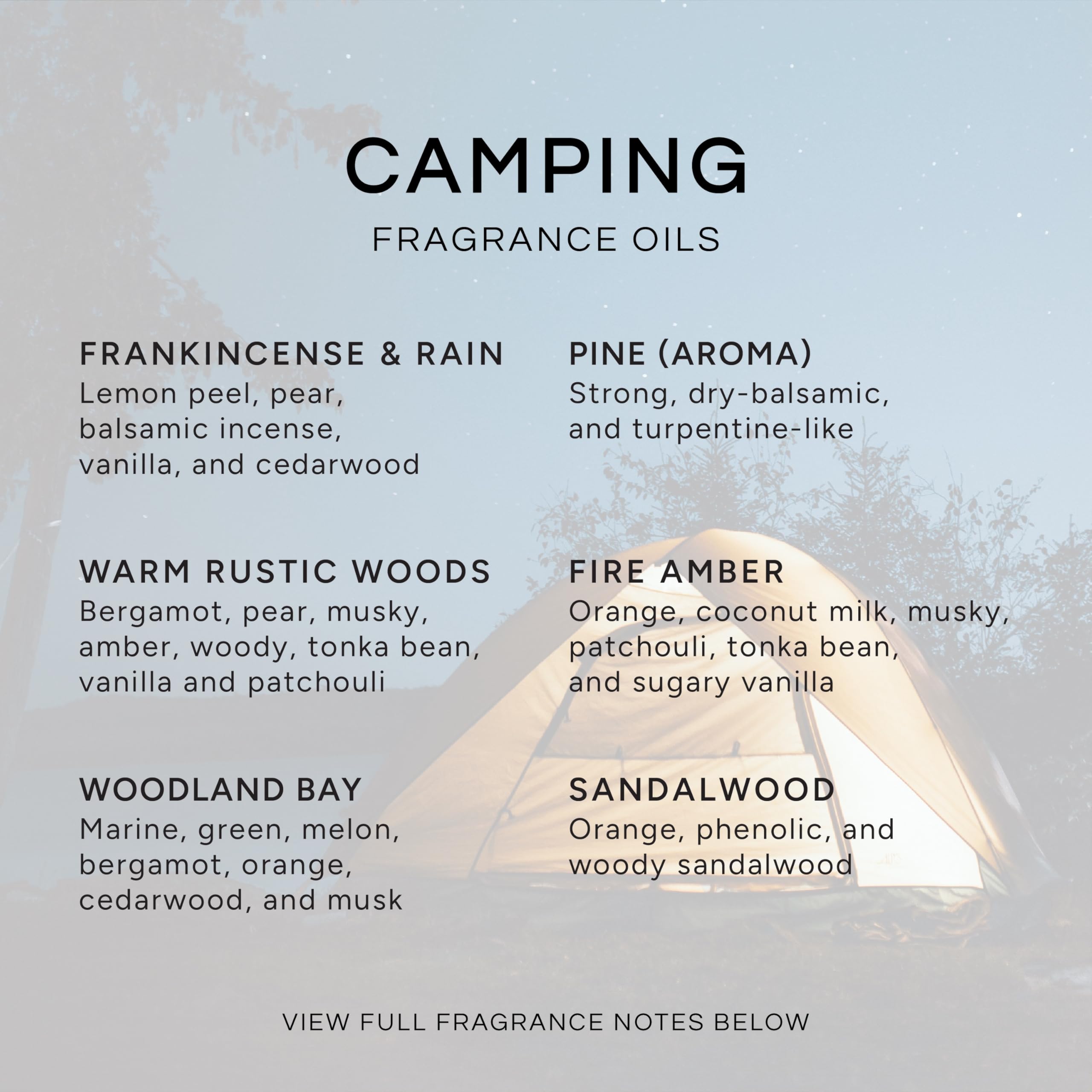 Eternal Essence Oils Camping Set of 6 Premium Fragrance Oils - Includes Warm Rustic Woods, Fire Amber, Pine, Sandalwood, Frankincense & Rain and Woodland Bay Scented Oils - 10ML